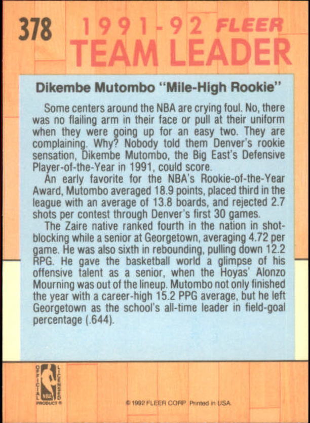 1991-92 Fleer #378 Dikembe Mutombo TL back image