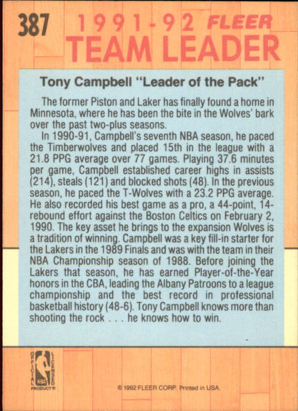 1991-92 Fleer #387 Tony Campbell TL back image