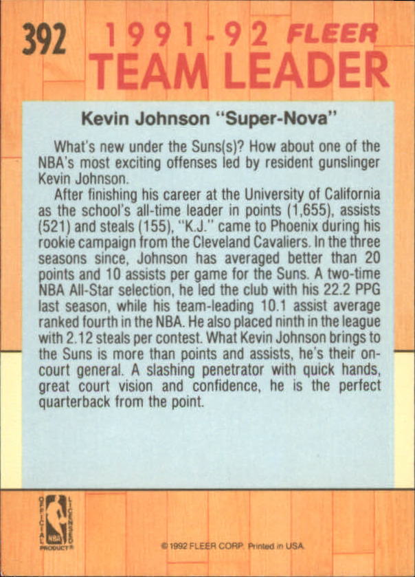 1991-92 Fleer #392 Kevin Johnson TL back image