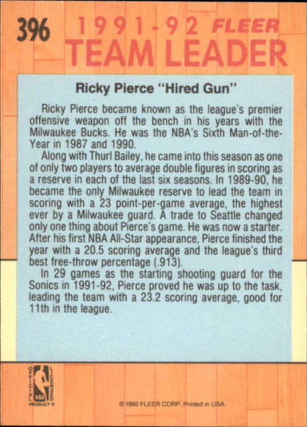 1991-92 Fleer #396 Ricky Pierce TL back image