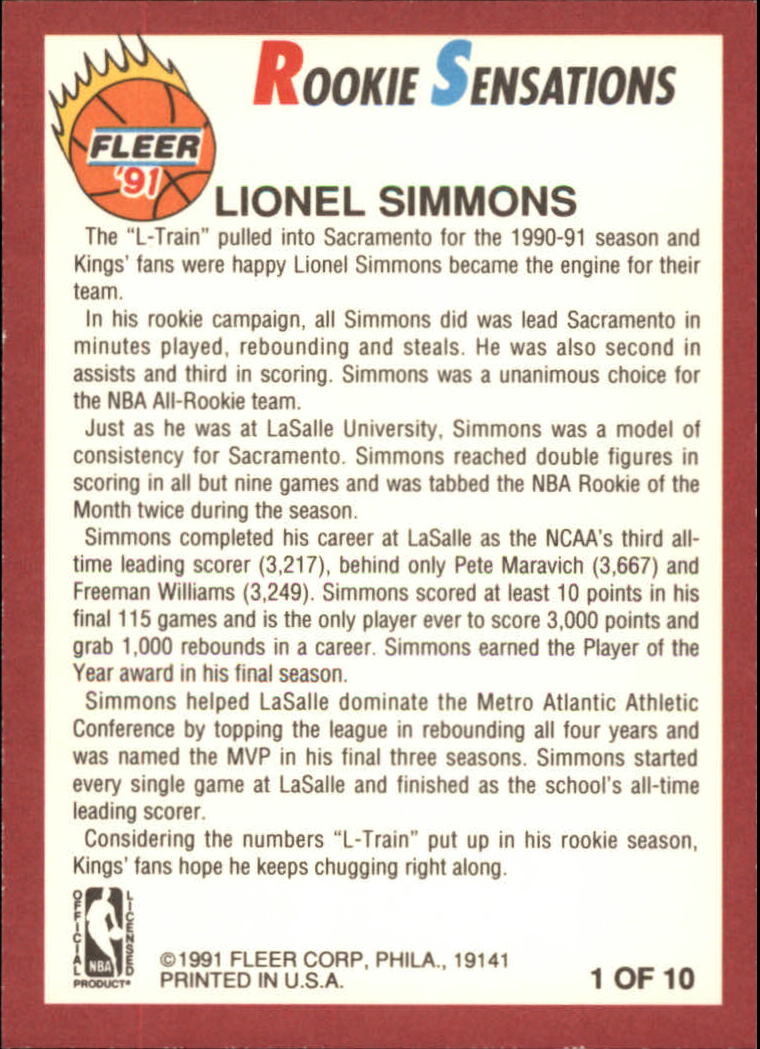 1991-92 Fleer Rookie Sensations #1 Lionel Simmons back image