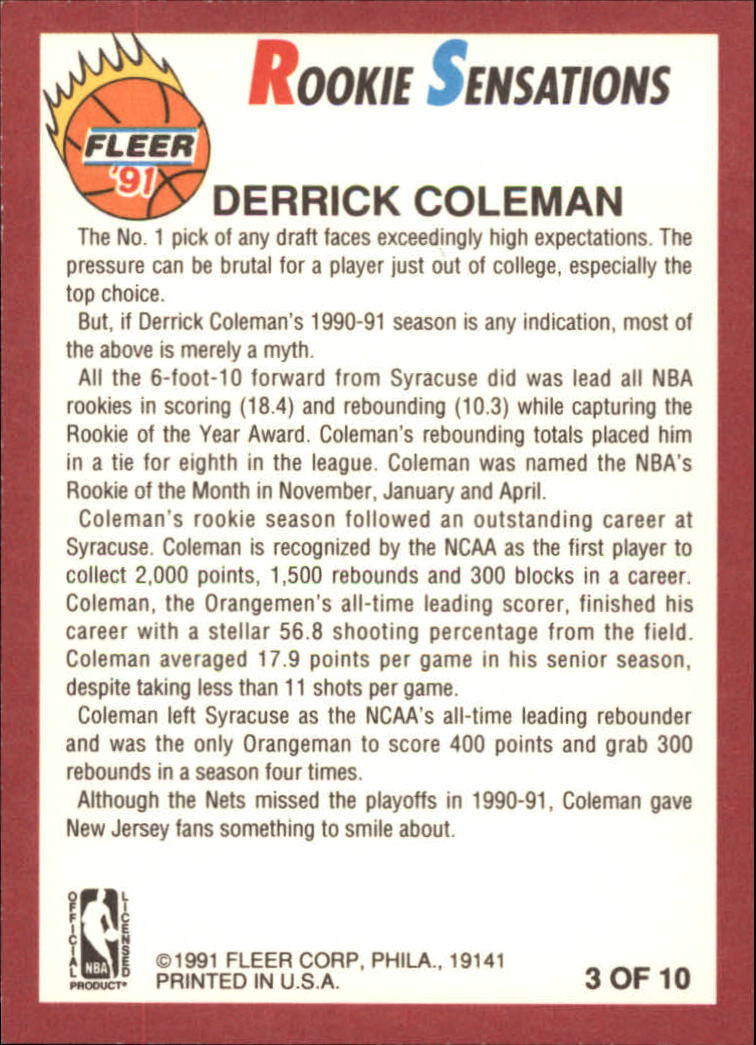 1991-92 Fleer Rookie Sensations #3 Derrick Coleman back image