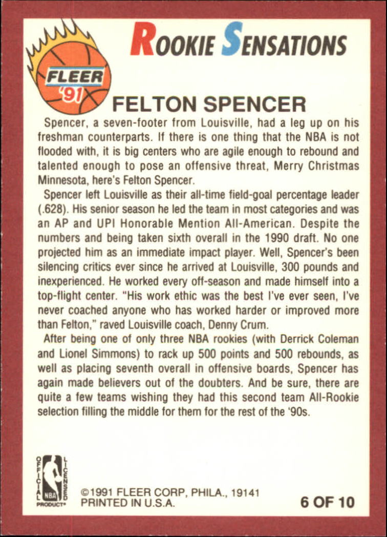 1991-92 Fleer Rookie Sensations #6 Felton Spencer back image