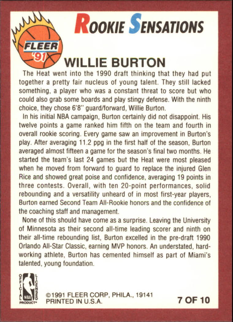 1991-92 Fleer Rookie Sensations #7 Willie Burton back image