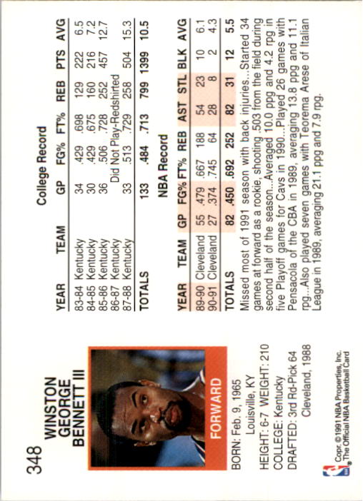 1991-92 Hoops #348 Winston Bennett back image