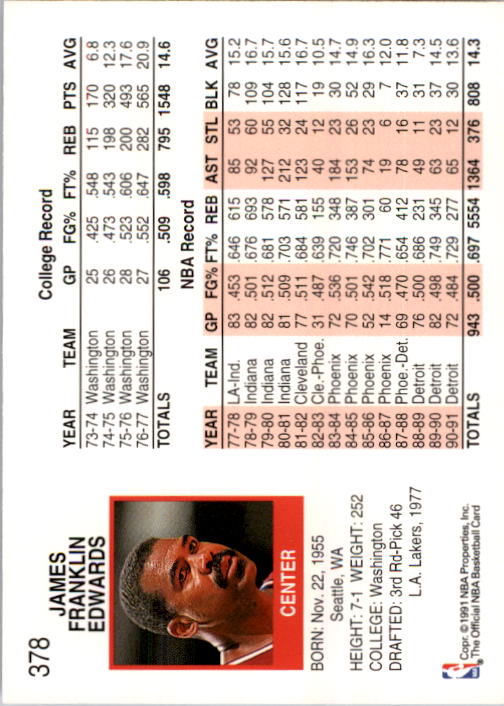 1991-92 Hoops #378 James Edwards back image