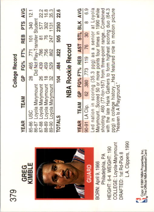 1991-92 Hoops #379 Bo Kimble back image