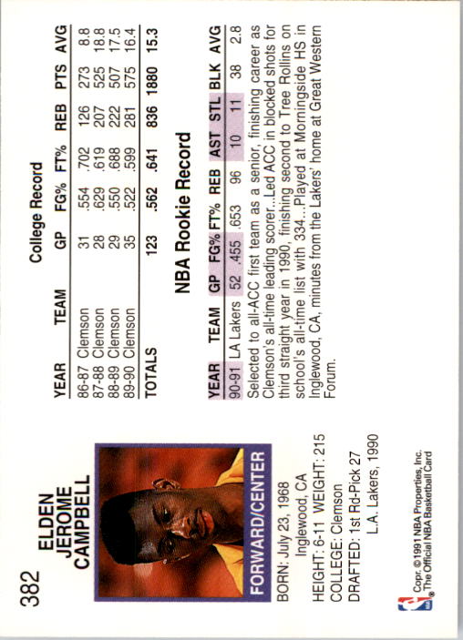 1991-92 Hoops #382 Elden Campbell back image