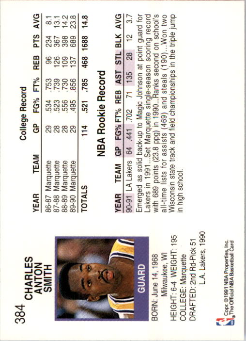 1991-92 Hoops #384 Tony Smith back image