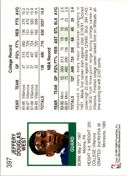 1991-92 Hoops #397 Doug West back image