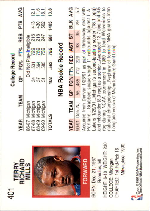 1991-92 Hoops #401 Terry Mills RC back image