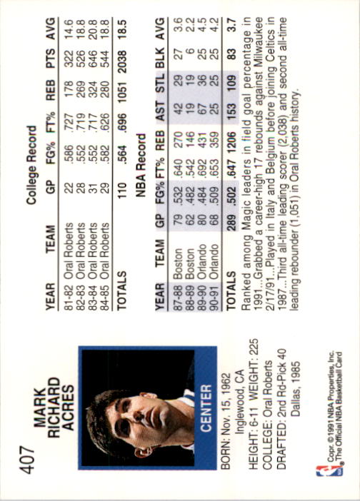 1991-92 Hoops #407 Mark Acres back image