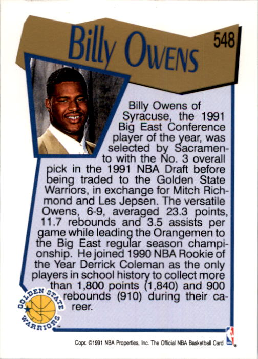 1991-92 Hoops #548 Billy Owens RC back image