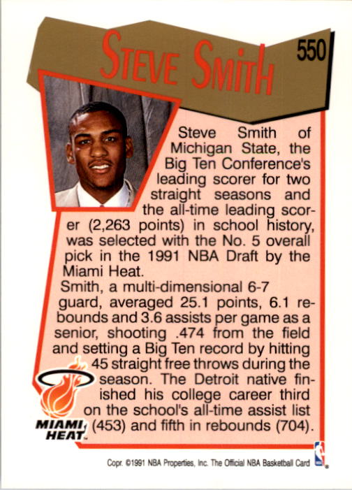 1991-92 Hoops #550 Steve Smith RC back image