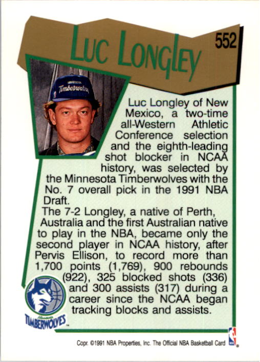 1991-92 Hoops #552 Luc Longley RC back image