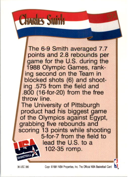1991-92 Hoops #574 Charles Smith USA back image