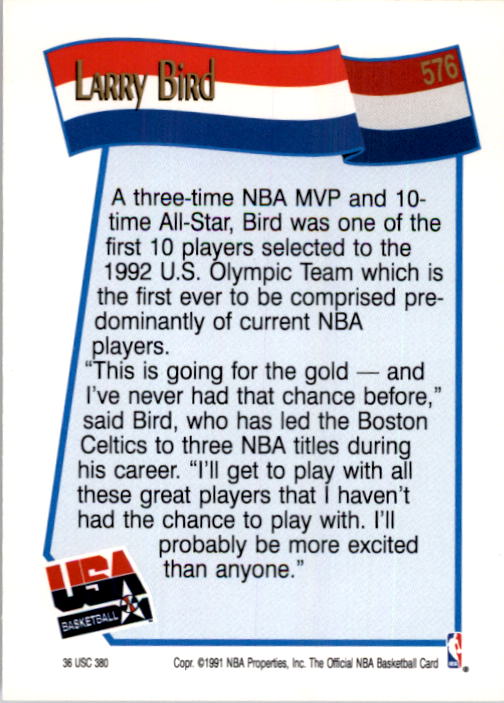 1991-92 Hoops #576 Larry Bird USA back image