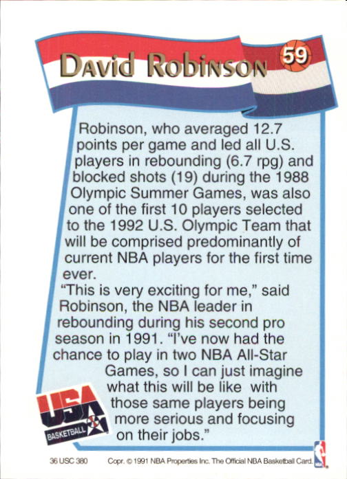 1991-92 Hoops McDonald's #59 David Robinson USA back image