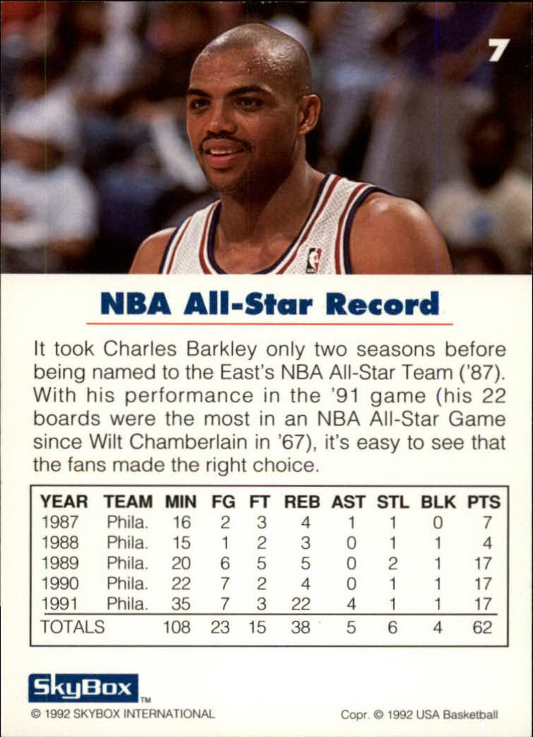1992 SkyBox USA #7 Charles Barkley/NBA All-Star Record back image
