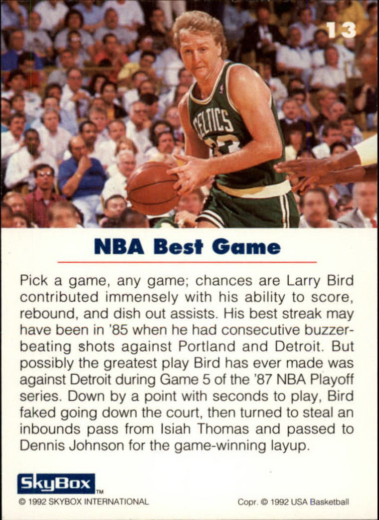 Larry Bird SkyBox USA Basketball 1992 Card #13 NBA BEST GAME Boston Celtics