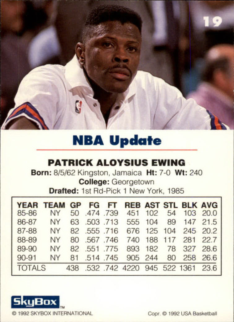 1992 SkyBox USA #19 Patrick Ewing/NBA Update back image