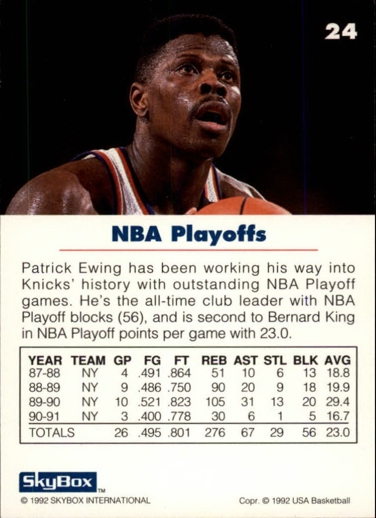 1992 SkyBox USA #24 Patrick Ewing/NBA Playoffs back image