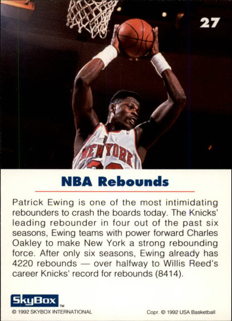 1992 SkyBox USA #27 Patrick Ewing/NBA Rebounds back image