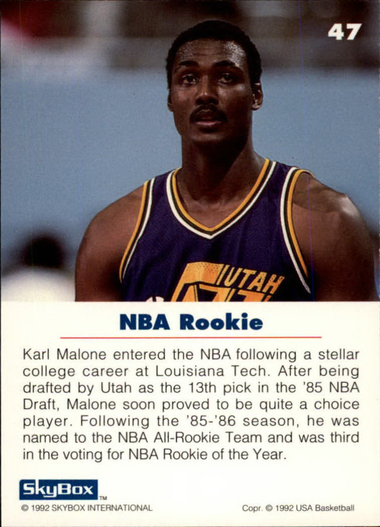 1992 SkyBox USA #47 Karl Malone/NBA Rookie back image