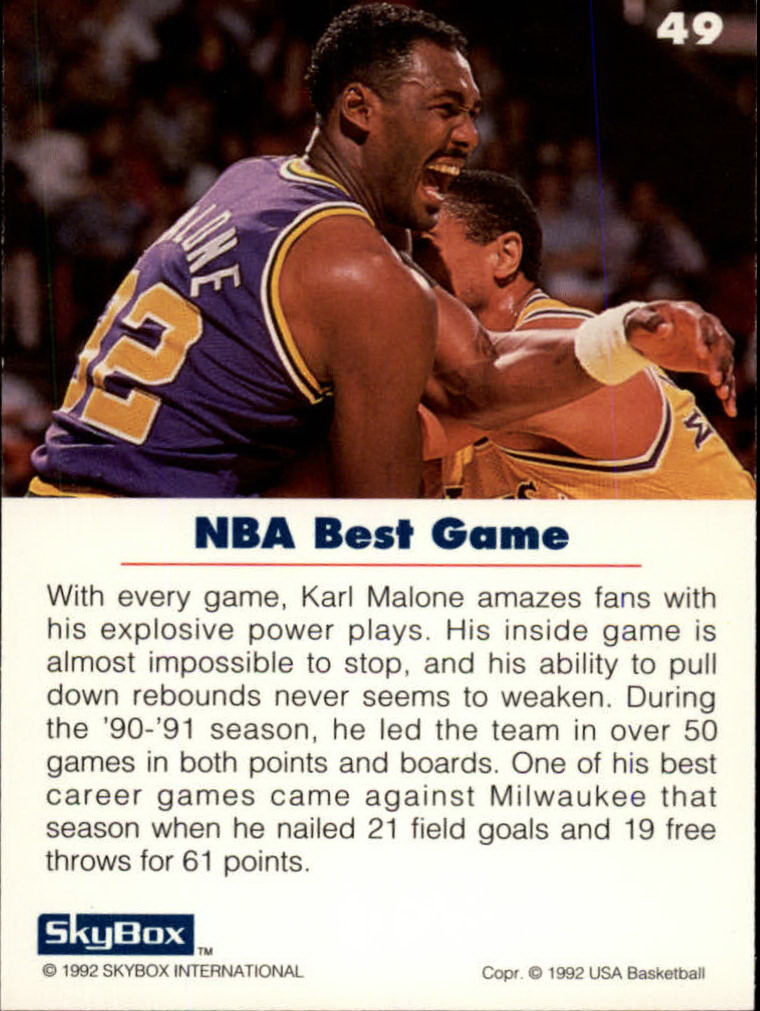 1992 SkyBox USA #49 Karl Malone/NBA Best Game back image