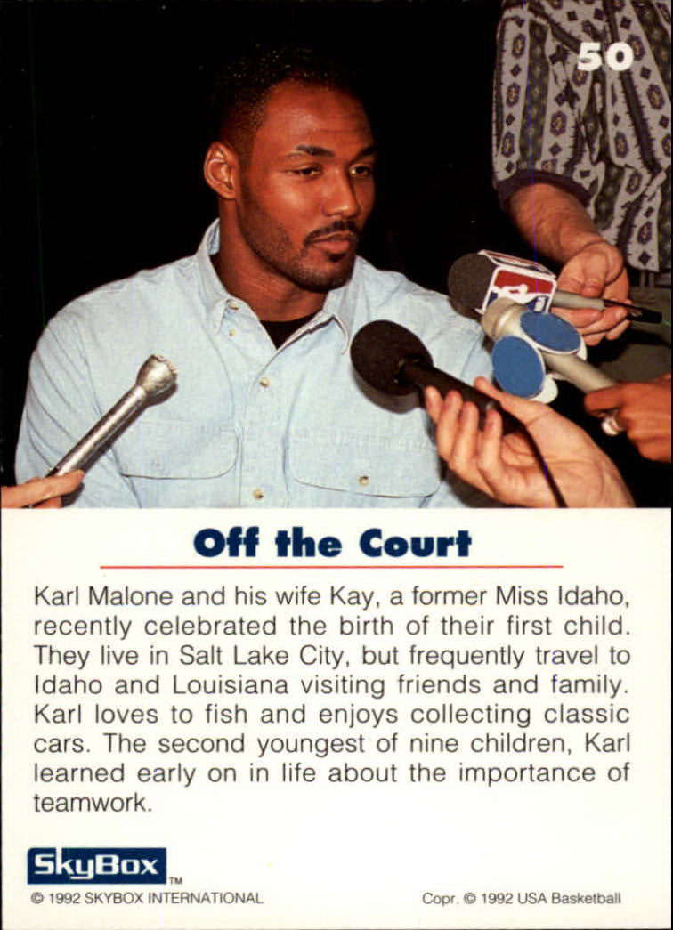 1992 SkyBox USA #50 Karl Malone/Off the Court back image