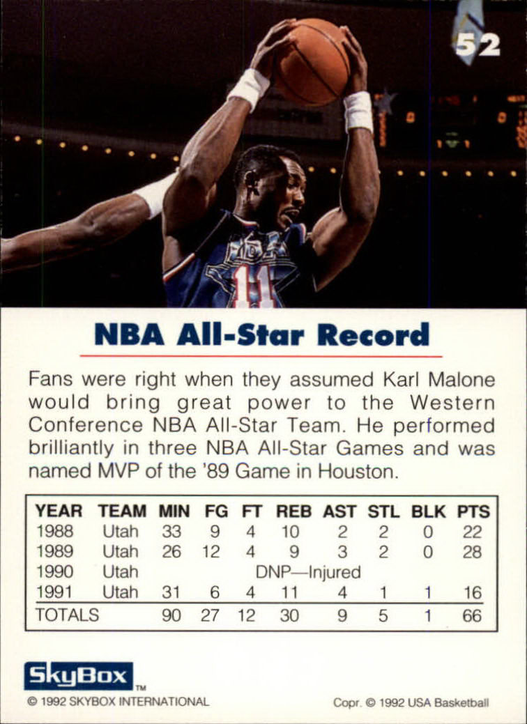 1992 SkyBox USA #52 Karl Malone/NBA All-Star Record back image