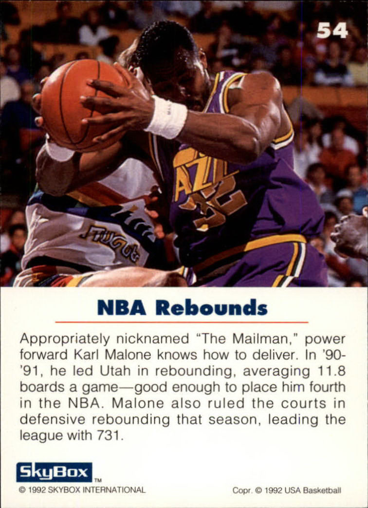 1992 SkyBox USA #54 Karl Malone/NBA Rebounds back image