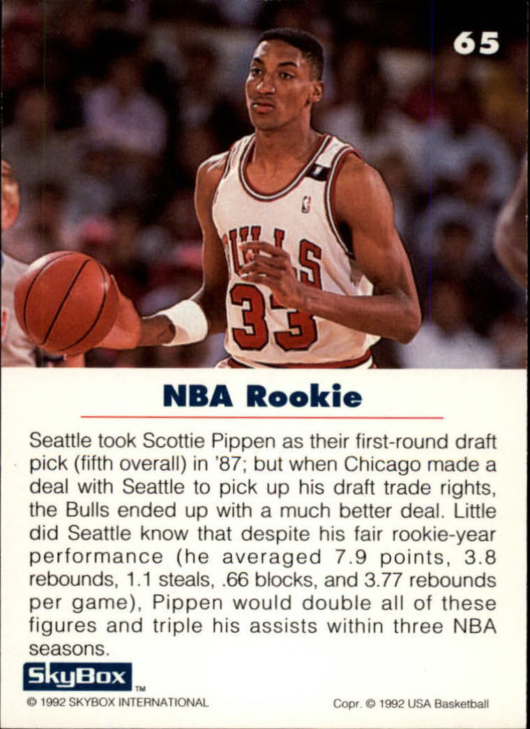 1992 SkyBox USA #65 Scottie Pippen/NBA Rookie back image