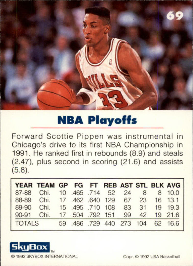 1992 SkyBox USA #69 Scottie Pippen/NBA Playoffs back image