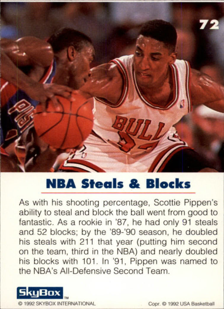 1992 SkyBox USA #72 Scottie Pippen/NBA Steals and Blocks back image