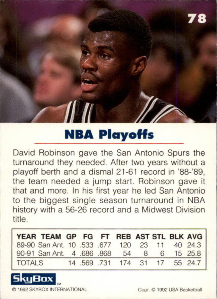 1992 SkyBox USA #78 David Robinson/NBA Playoffs back image