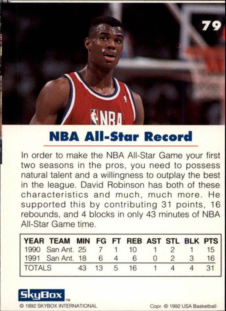 1992 SkyBox USA #79 David Robinson/NBA All-Star back image