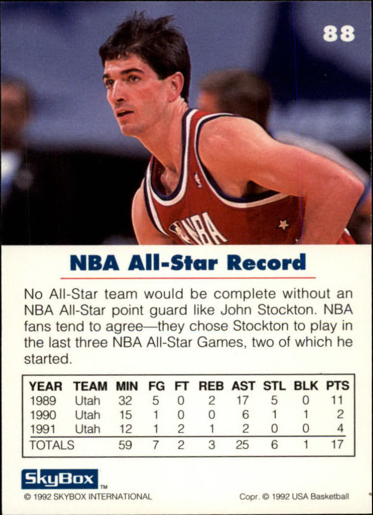 1992 SkyBox USA #88 John Stockton/NBA All-Star Record back image