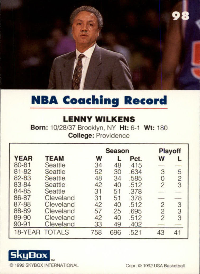 1992 SkyBox USA #98 Lenny Wilkens CO/NBA Coaching Record back image