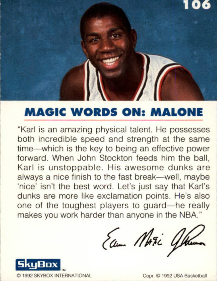 1992 SkyBox USA #106 Magic on Malone back image