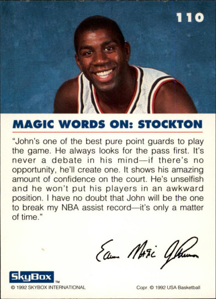 1992 SkyBox USA #110 Magic on Stockton back image