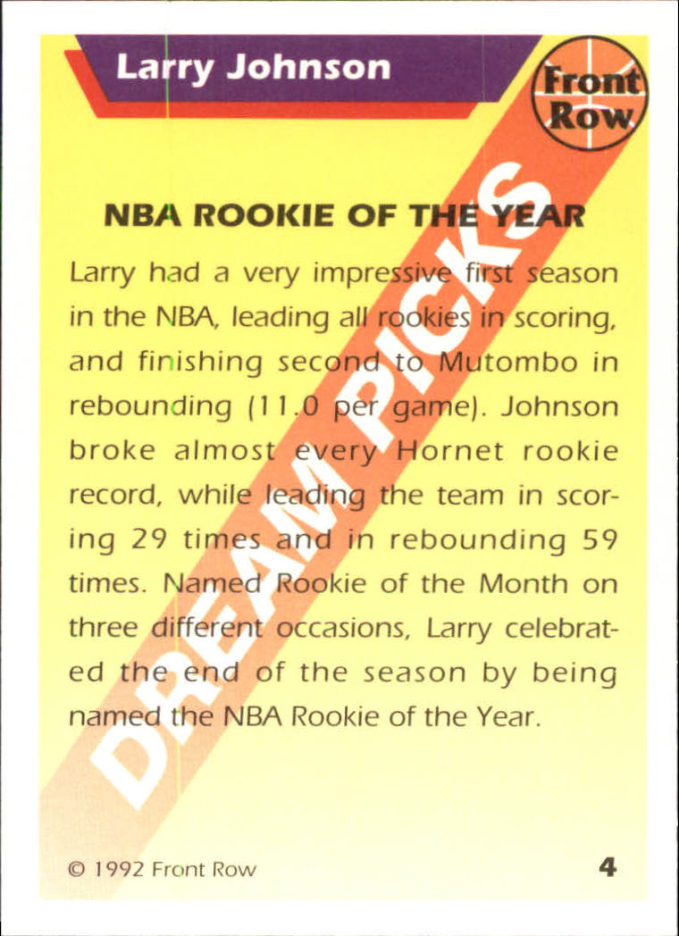 1992 Front Row Dream Picks #4 Larry Johnson/NBA Rookie of the Year back image