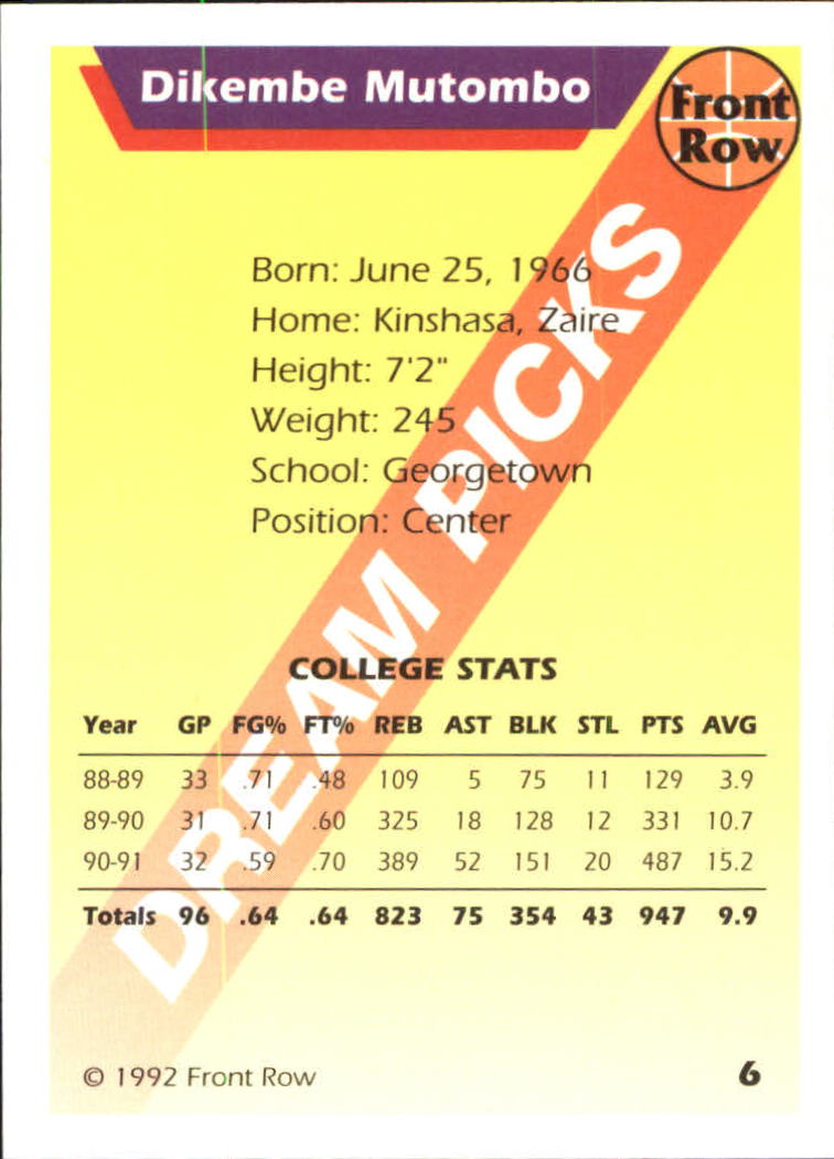 1992 Front Row Dream Picks #6 Dikembe Mutombo/College Stats back image
