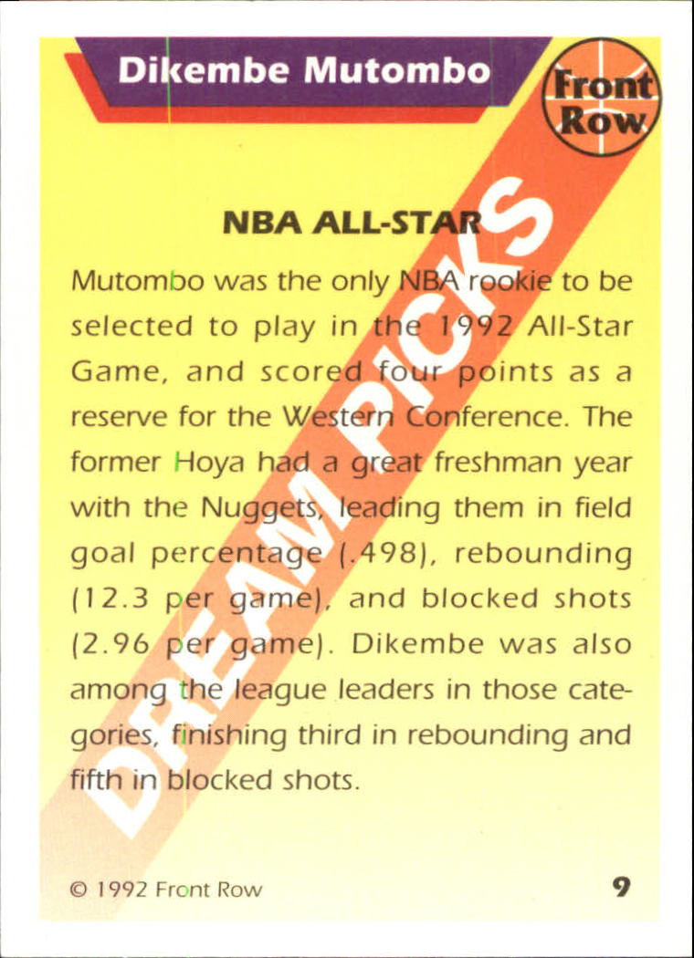 1992 Front Row Dream Picks #9 Dikembe Mutombo/NBA All-Star back image