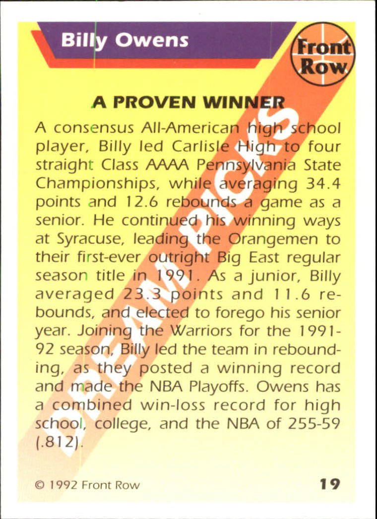 1992 Front Row Dream Picks #19 Billy Owens/A Proven Winner back image