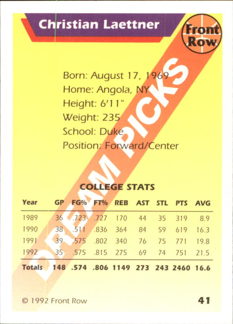 1992 Front Row Dream Picks #41 Christian Laettner/College Stats back image