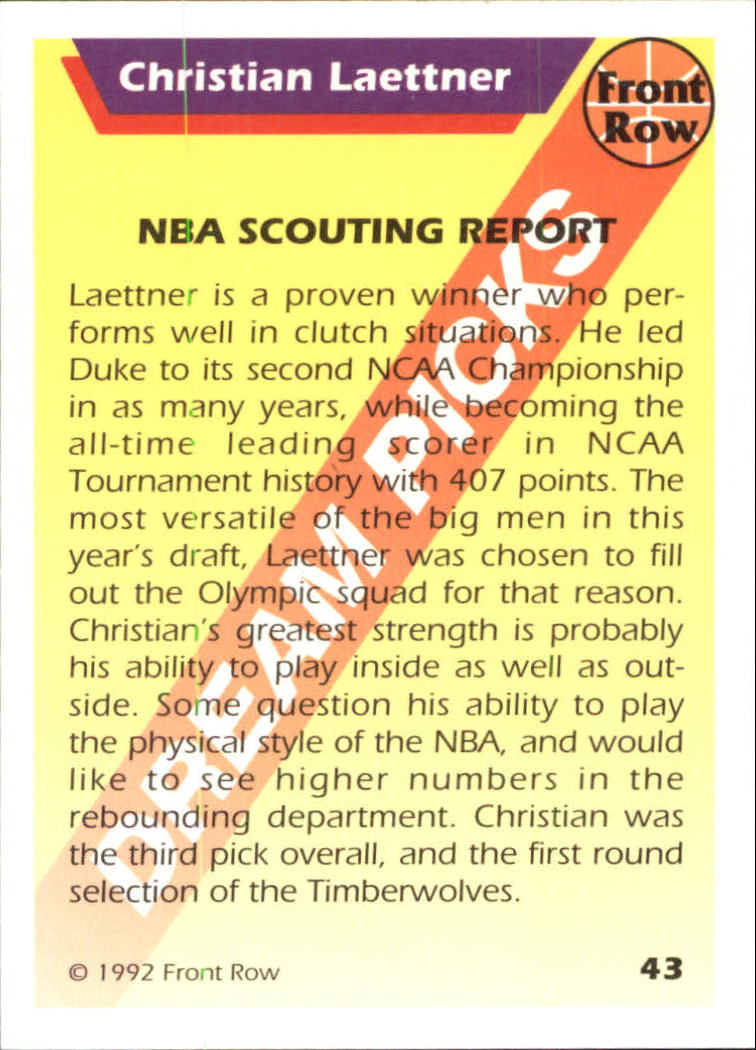 1992 Front Row Dream Picks #43 Christian Laettner/NBA Scouting Report back image
