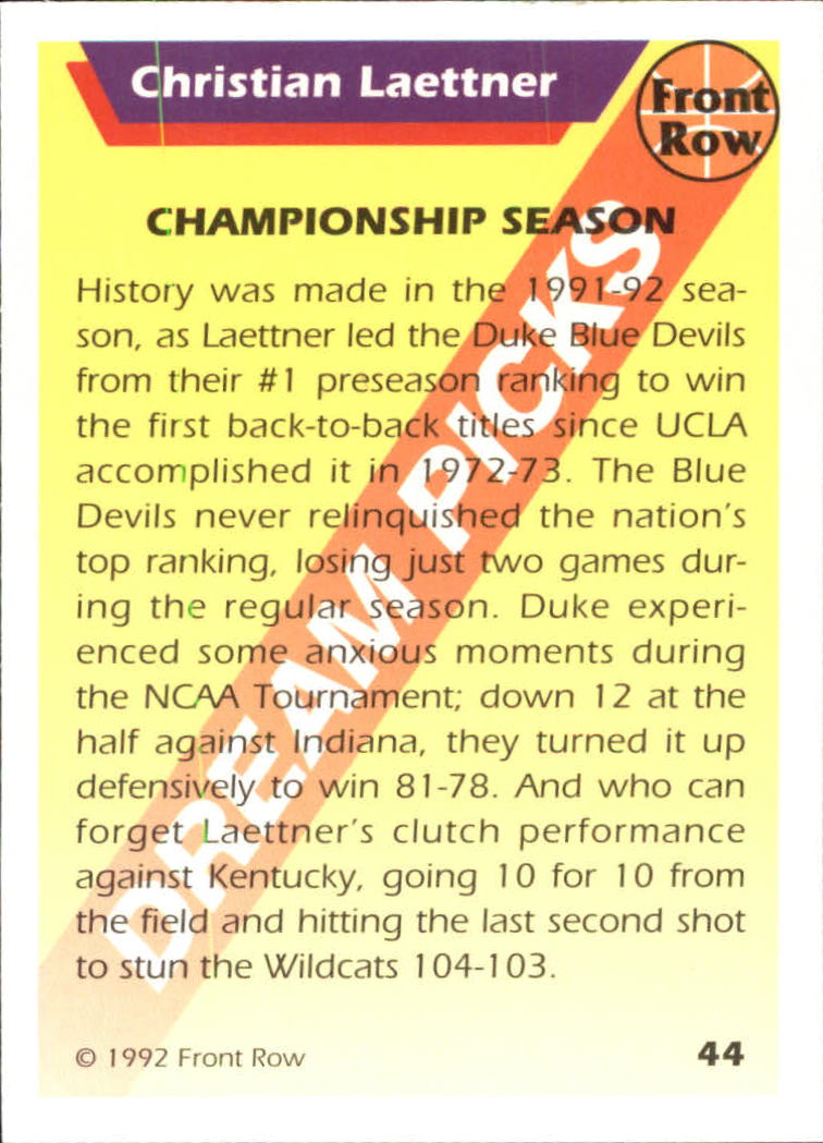 1992 Front Row Dream Picks #44 Christian Laettner/Championship Season back image