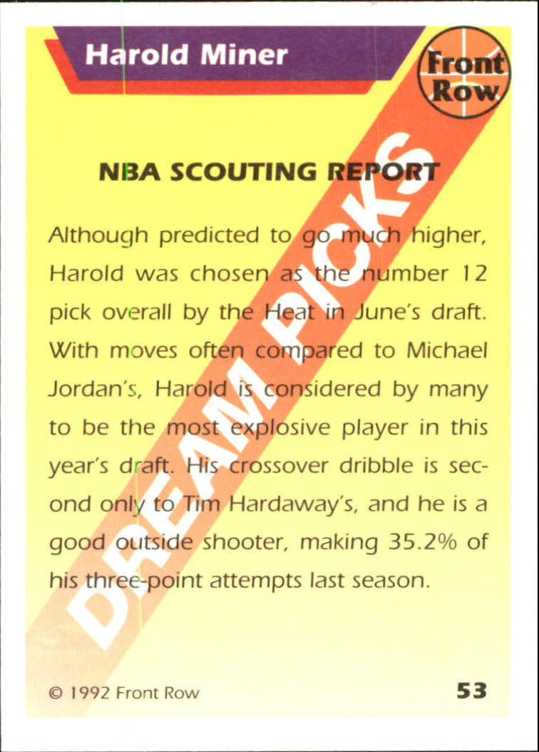 1992 Front Row Dream Picks #53 Harold Miner/NBA Scouting Report back image