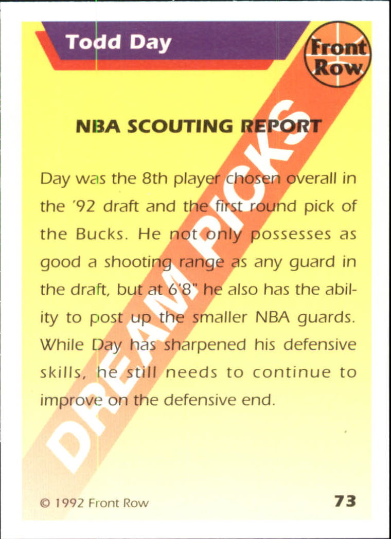 1992 Front Row Dream Picks #73 Todd Day/NBA Scouting Report back image